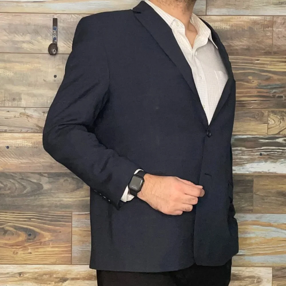Ralph Lauren 100% Wool Navy Blue Check Blazer Sport Jacket Size 48R *EXCELLENT*